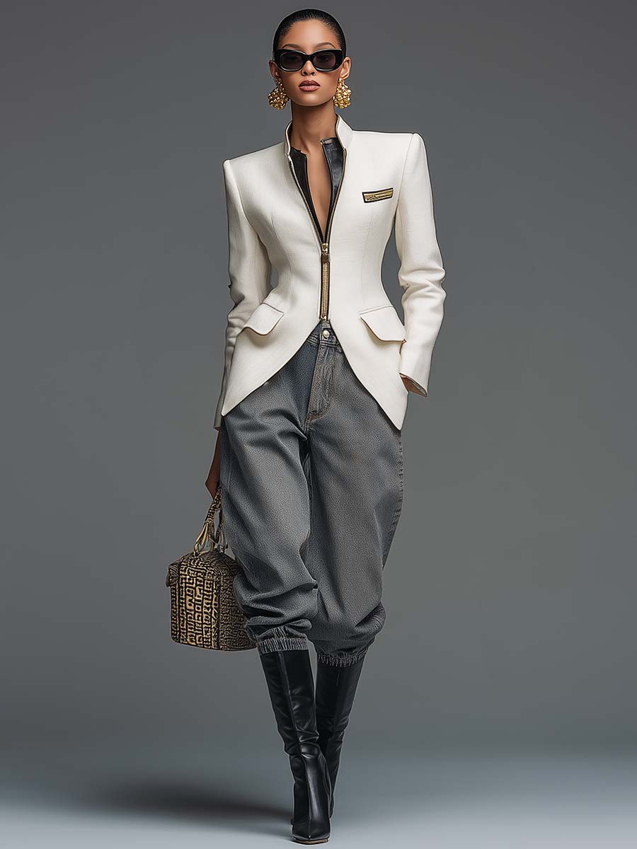 Exquisite Urban Small Stand-up Collar Front Zipper White Blazer