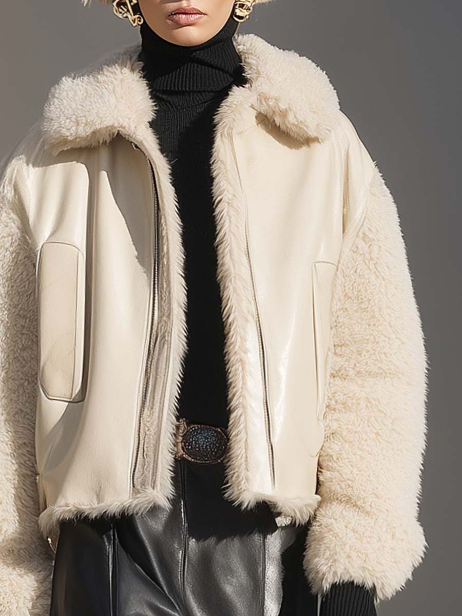 Refined Casual Urban Front Zipper Cream Faux Leather And Faux Fur Collar Jacket