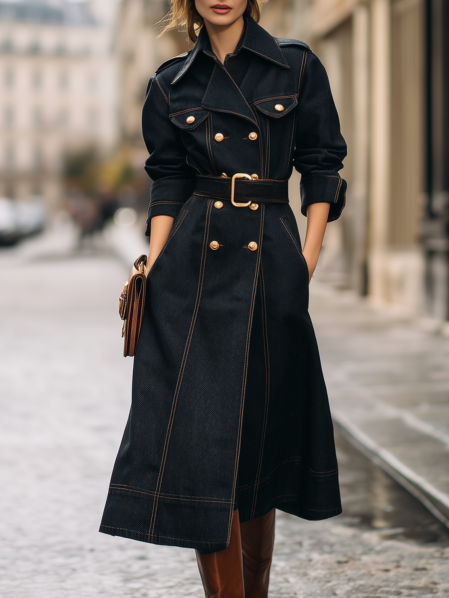 Vintage Elegant Lapel Double-breasted Long Denim Coat