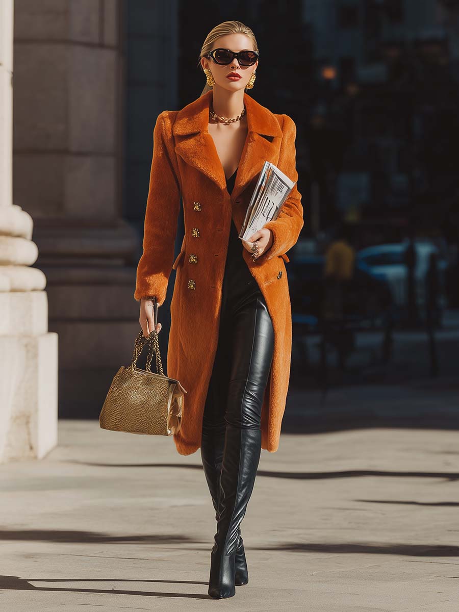 Retro Exquisite Street Style Large Lapel Double-breasted Metal Button Orange Faux Fur Coat