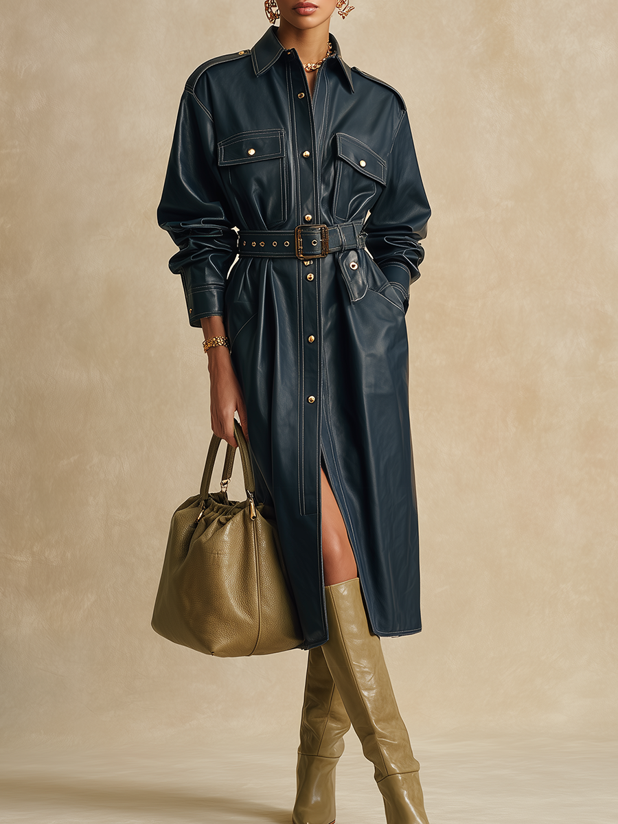 Vintage Lapel Faux Leather Long Coat