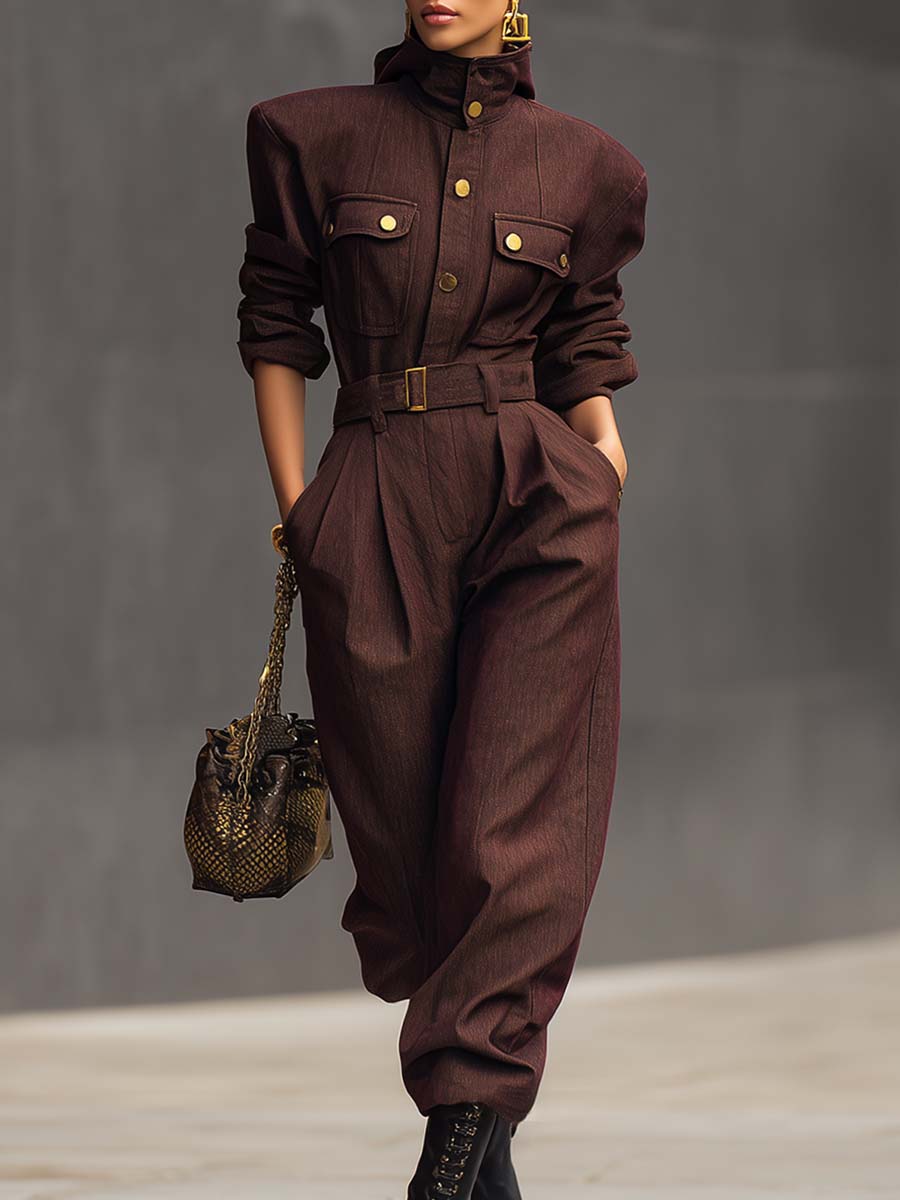 Vintage Stylish Handsome Wide Shoulder Stand Collar Front Button Brown Red Jumpsuit