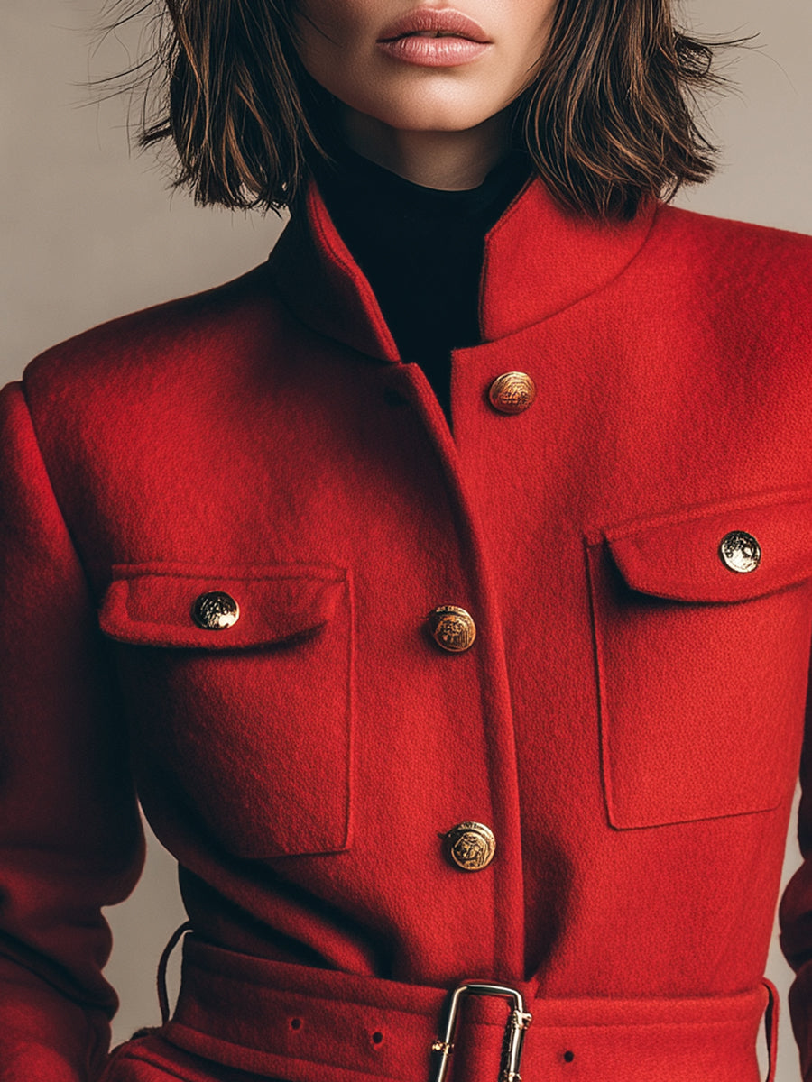 Fashionable Retro Workwear Belt Red Woolen Jacket