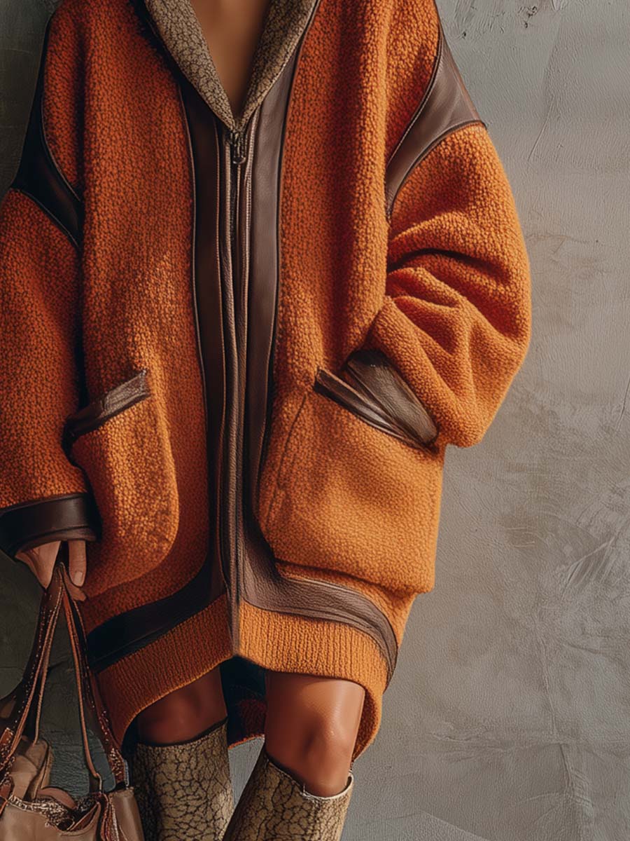 Retro Fashion Loose Contrast Lapel Leather Trim Front Zipper Orange Polar Fleece Coat