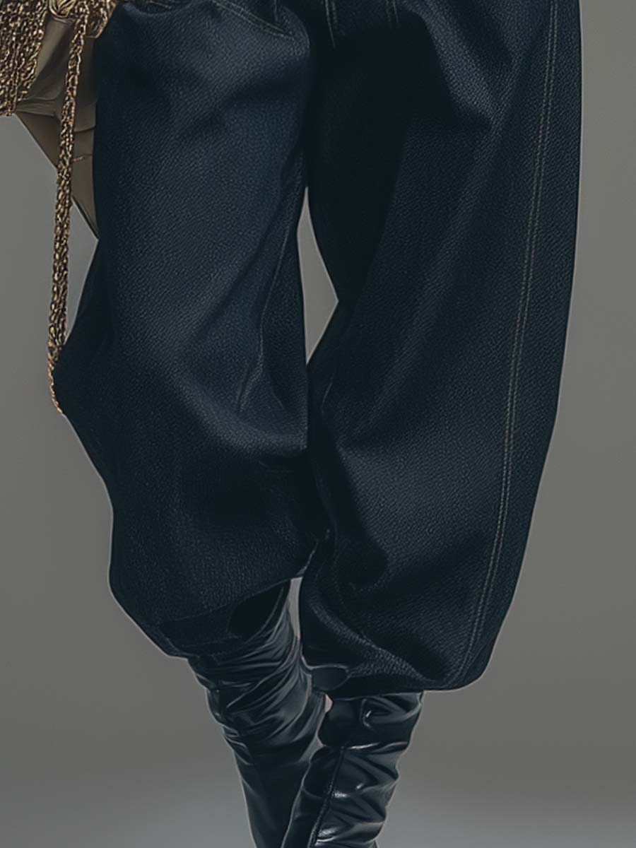 Versatile And Fashionable Urban Pleated Pocket Dark Blue Denim Tapered Pants