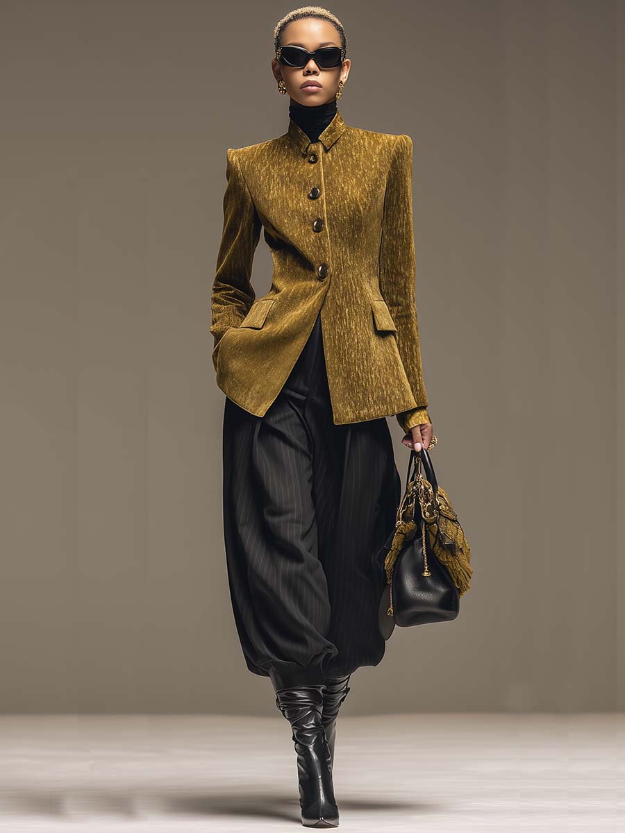 Vintage Temperament Front Button Lapel Gold Velvet Blazer Style X-shaped Tailored Jacket