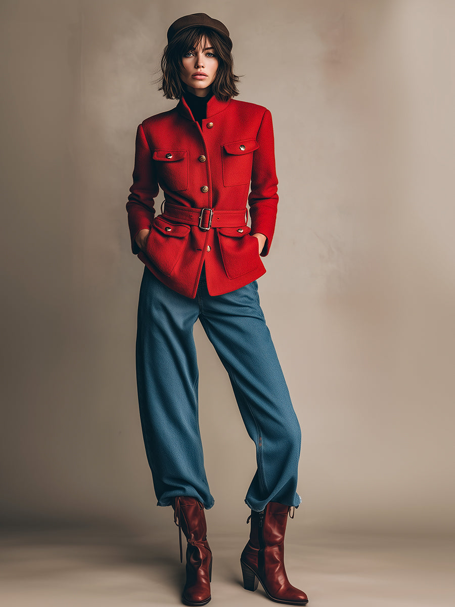 Fashionable Retro Workwear Belt Red Woolen Jacket