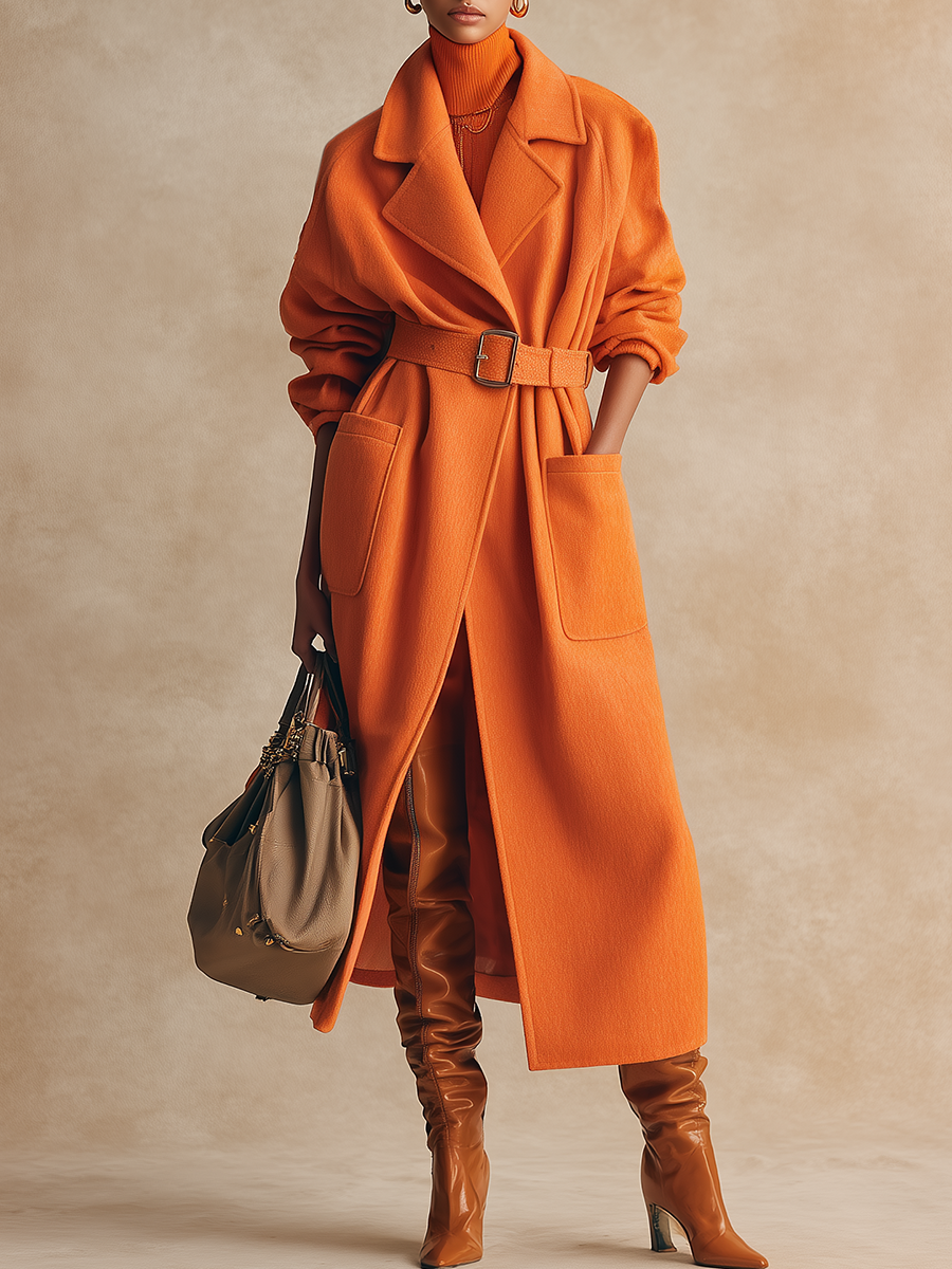 Retro Elegant Lapel Belt Long Woolen Coat