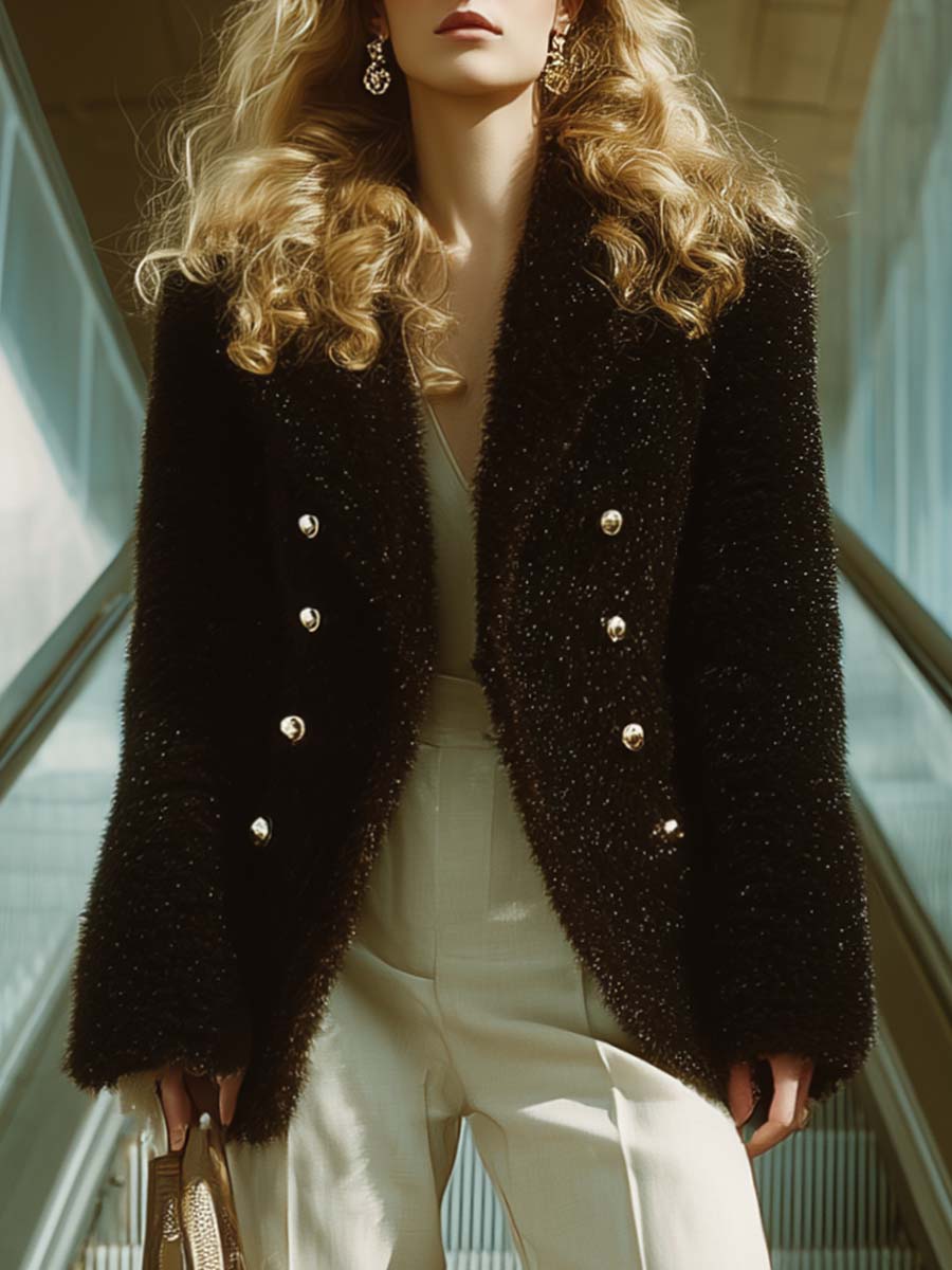 Vintage Modern Front Lapel Black Shiny Eco-friendly Fur Jacket Coat