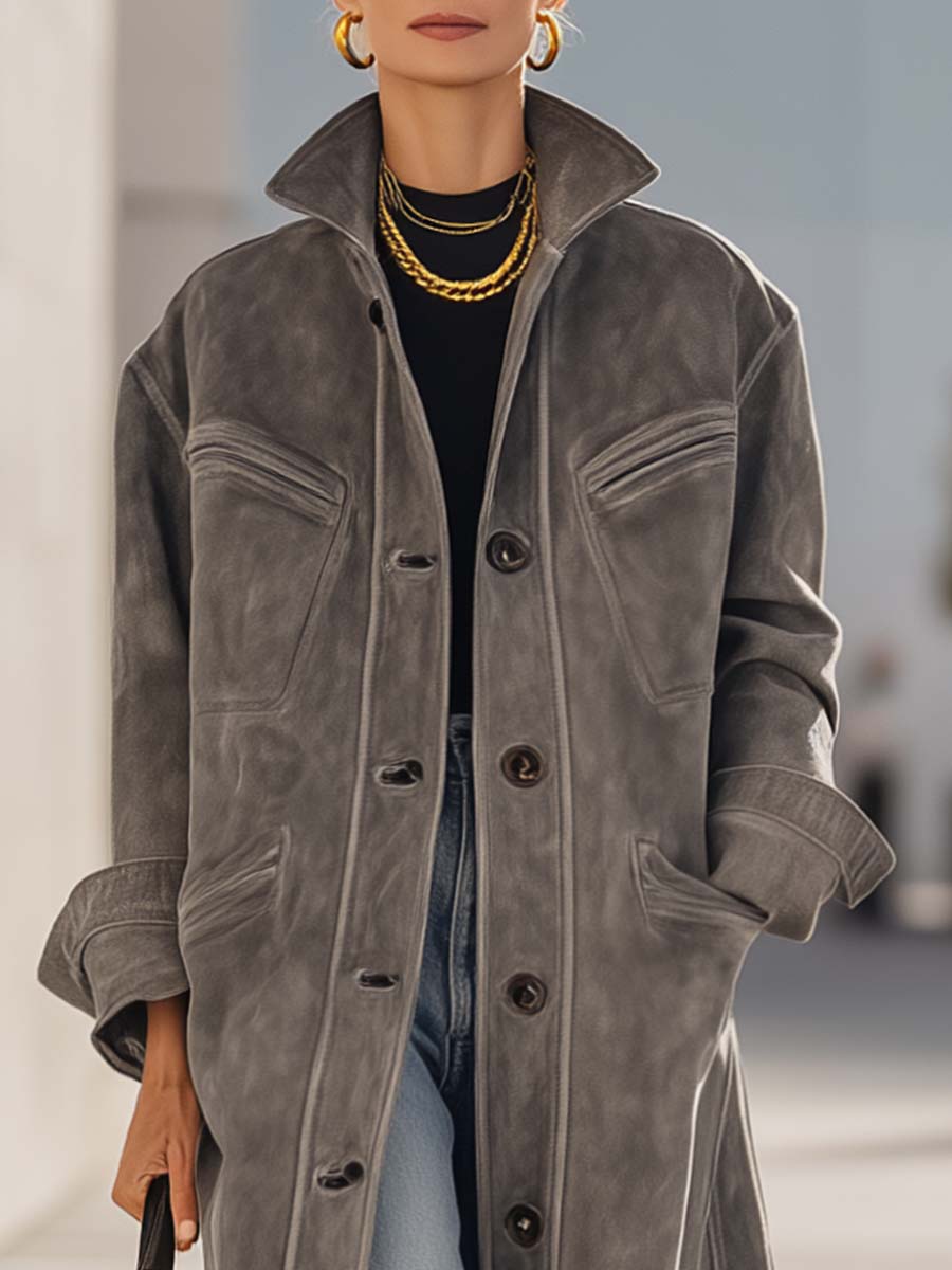 Vintage Urban Western Lapel Front Button Grey Premium Faux Suede Coat