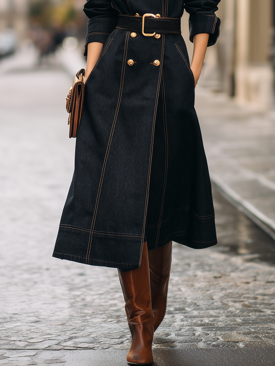 Vintage Elegant Lapel Double-breasted Long Denim Coat