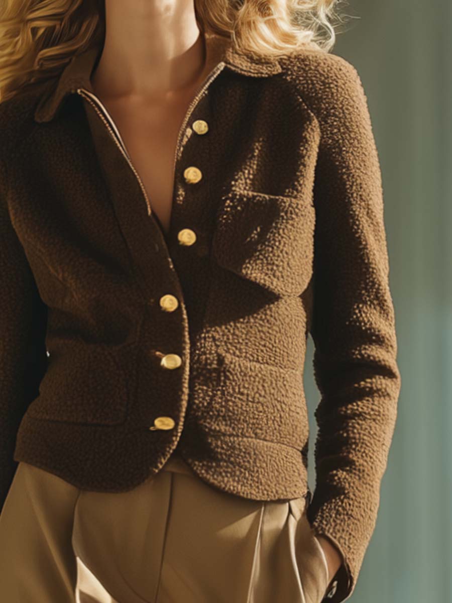 Exquisite Casual Metal Front Button Brown Polar Fleece Cropped Cardigan