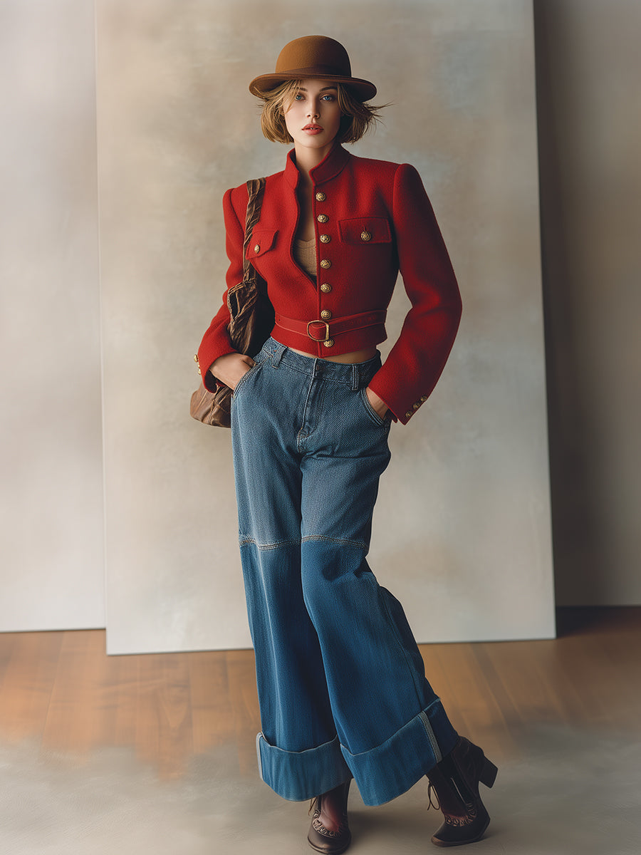 Retro And Fashionable Stand-up Collar Pocket Red Woolen Jacket