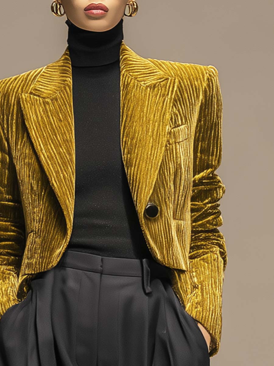 Temperament And Fashion Peaked Lapel One Button X-shaped Short Gold Texture Velvet Blazer