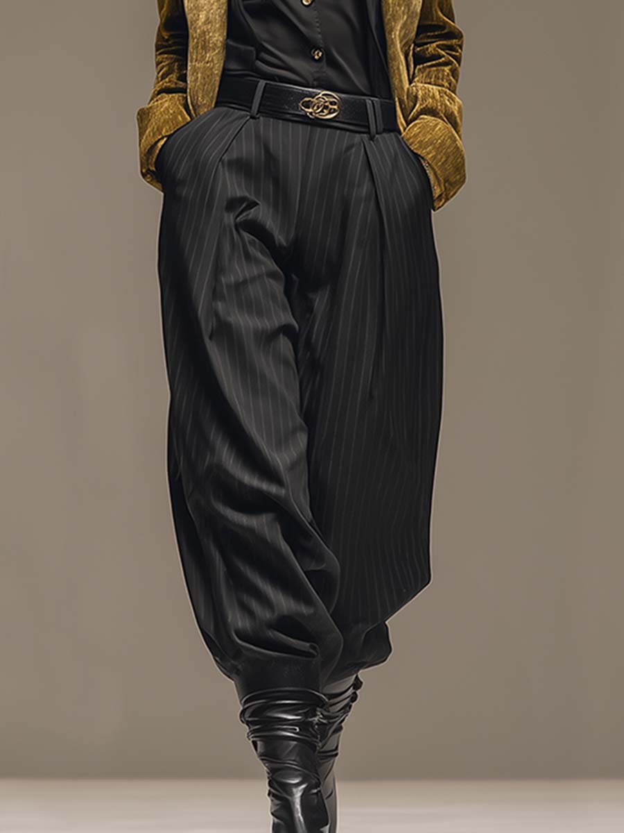 Versatile And Fashionable Black Striped Wide-leg Tapered Pants