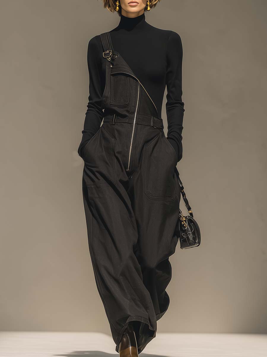 Fashionable And Handsome Front Zipper One-shoulder Denim Jumpsuit Overalls