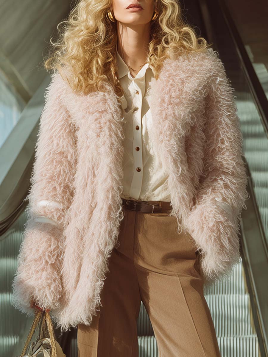 Vintage And Fashionable Versatile Front-opening Light Pink Eco-friendly Curly Fur Coat