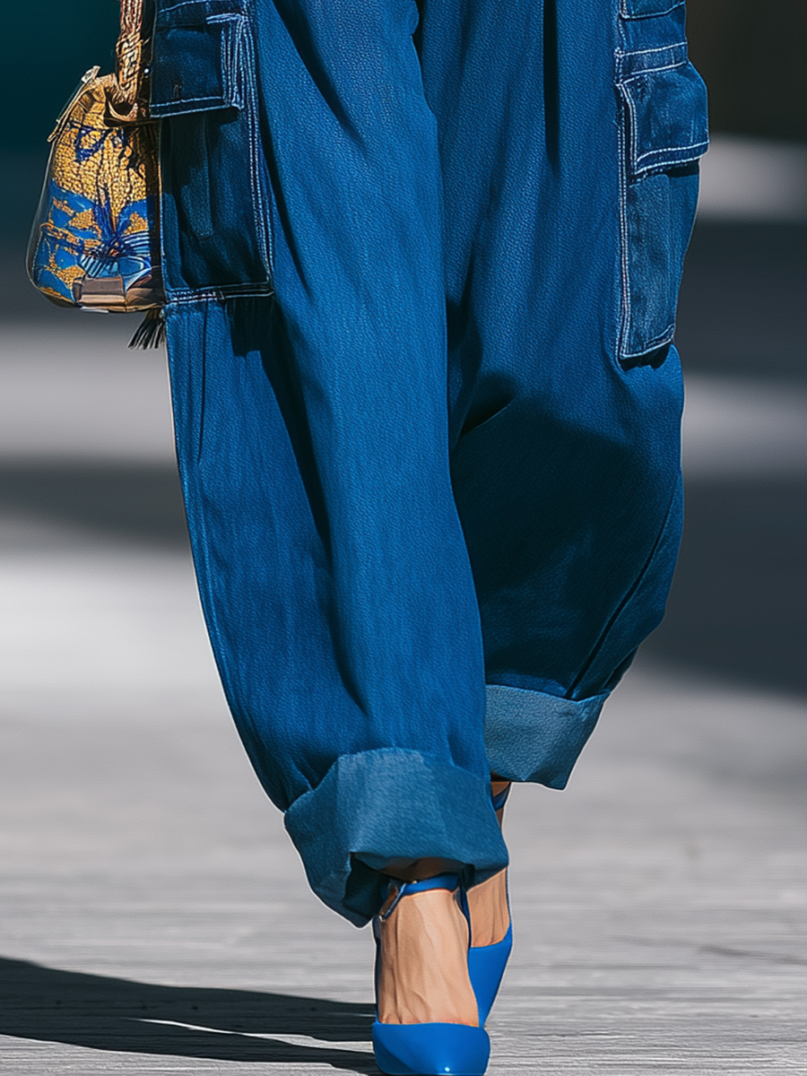 Retro Street Style Multi-Pocket Denim Cargo Pants