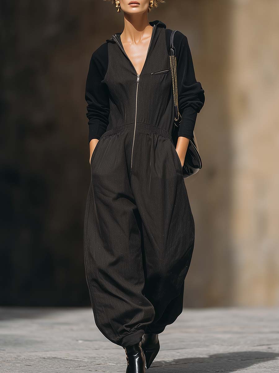 Casual Fashion Urban Hooded Sleeveless Front Zipper Black Loose Jumpsuit
