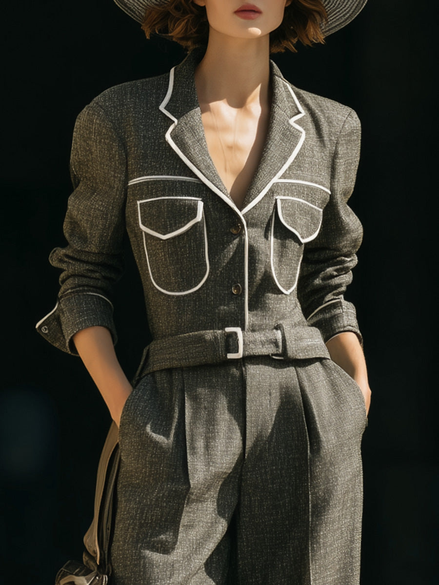 Retro Street V-neck Front Button White Trim Belt Gray Green Jumpsuit