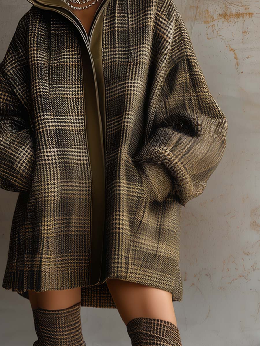 Retro Versatile Loose Lapel Front Zipper Leather Trim Olive Green Plaid Wool Coat