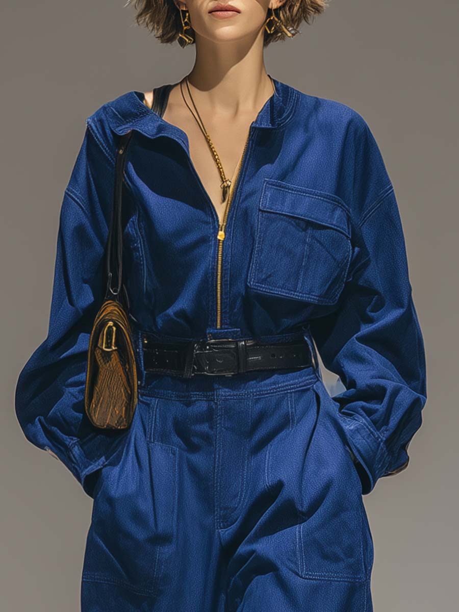 Exquisite Casual Urban Front Zipper Blue Cotton Loose Work Jumpsuit