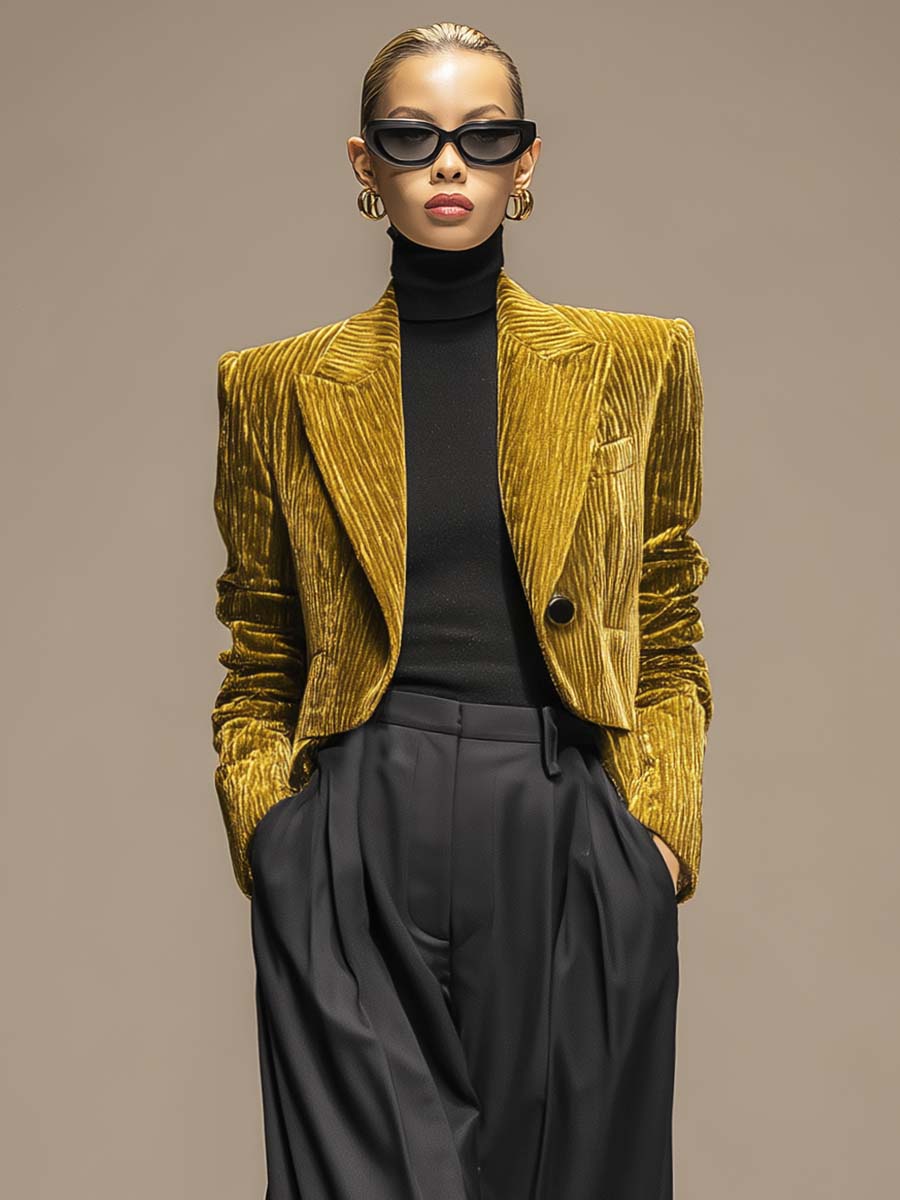 Temperament And Fashion Peaked Lapel One Button X-shaped Short Gold Texture Velvet Blazer