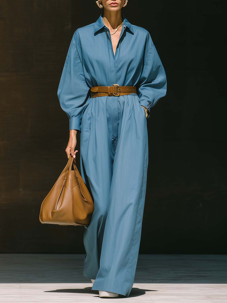 Temperamental And Fashionable Street Bat Sleeve Belt Blue Shirt-style Jumpsuit