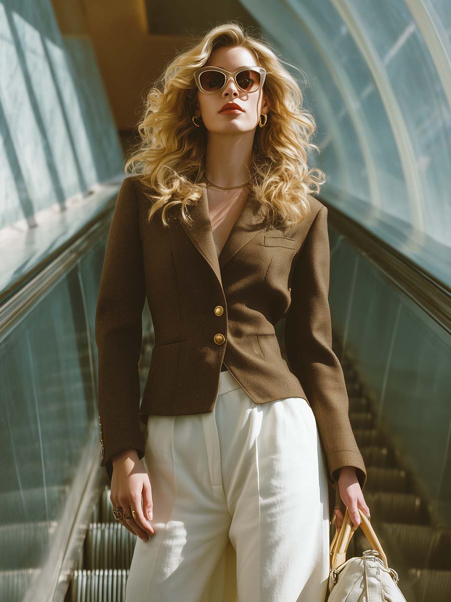Urban Retro Exquisite Flat Lapel Single-breasted Two-button Brown Imitation Wool Short Blazer