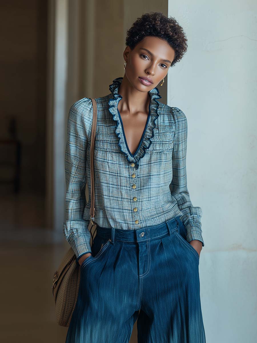 Oakly Fashion™ | Metal Button Blue Plaid Shirt