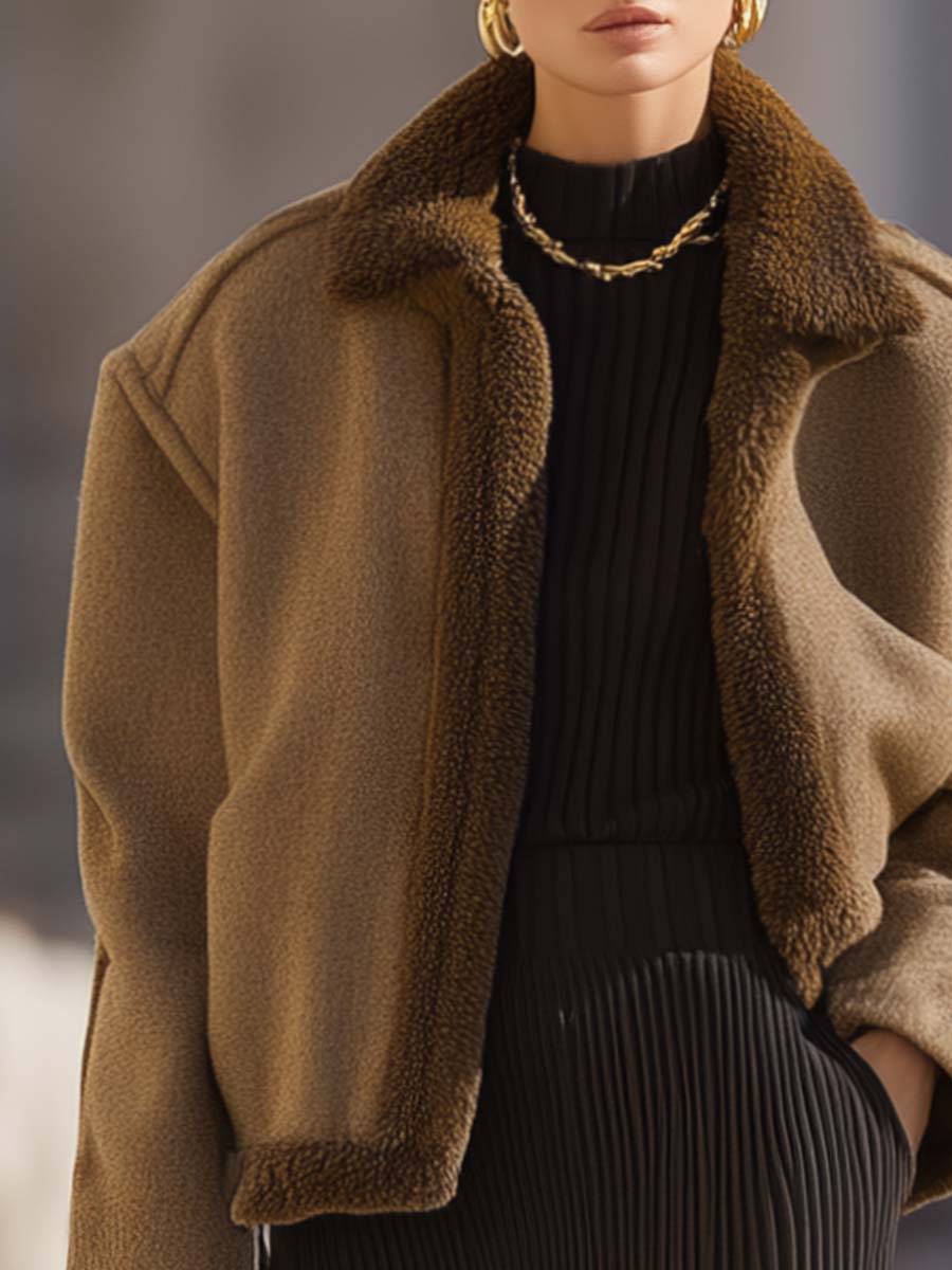 Temperament Simple And Versatile Brown Woolen Wide Shoulder Lapel Jacket