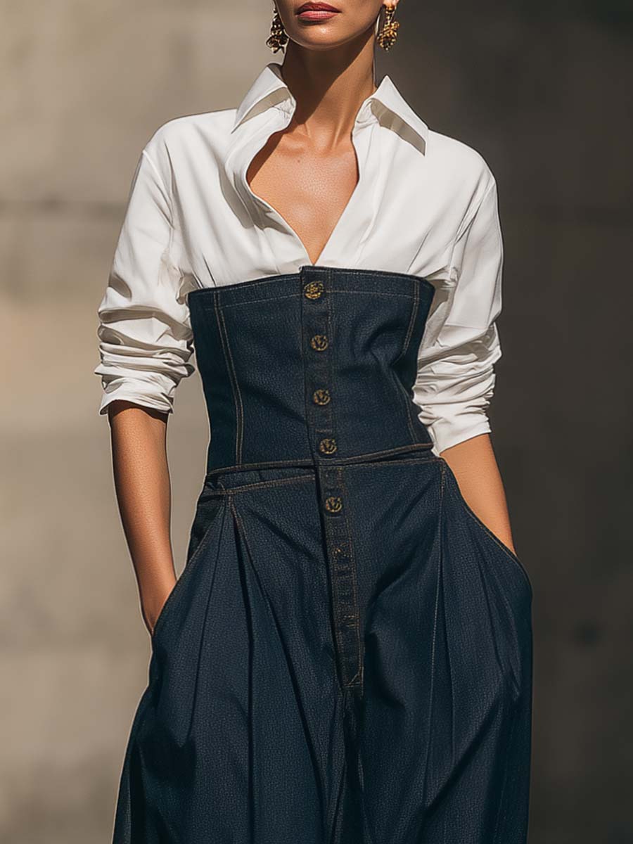 Temperamental And Fashionable Urban Dark Blue Denim Tube Top Loose Jumpsuit And White Shirt Set