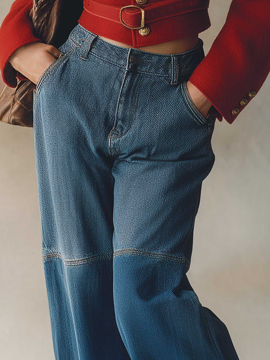 Retro And Fashionable Free People Cuffed Colorblock Denim Wide-leg Pants