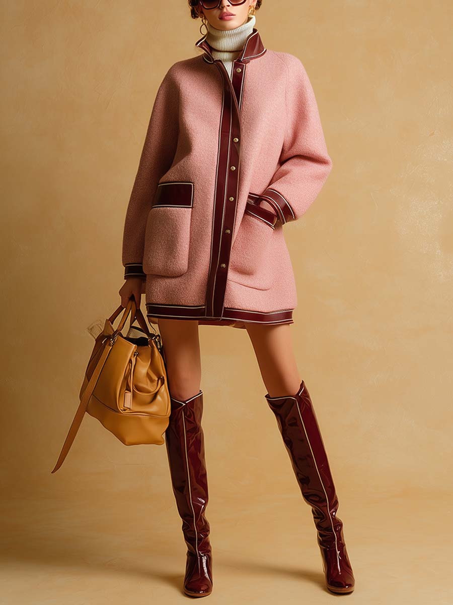 Retro Fashion Lapel Front Button Burgundy Leather Trim Pink Mini Coat