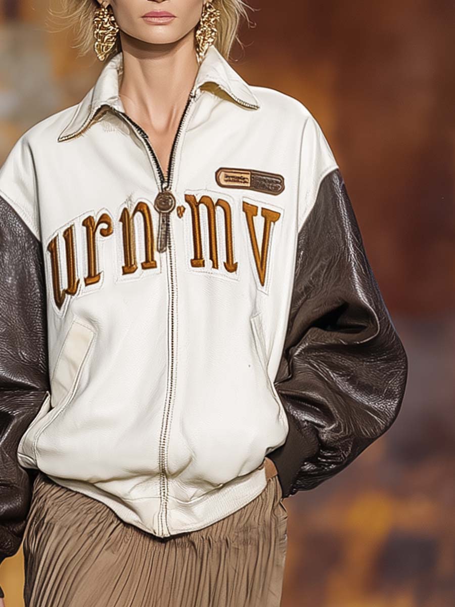 Retro Exquisite Sports Lapel Front Zipper Letter Embroidery Contrast Sleeve Baseball Jacket