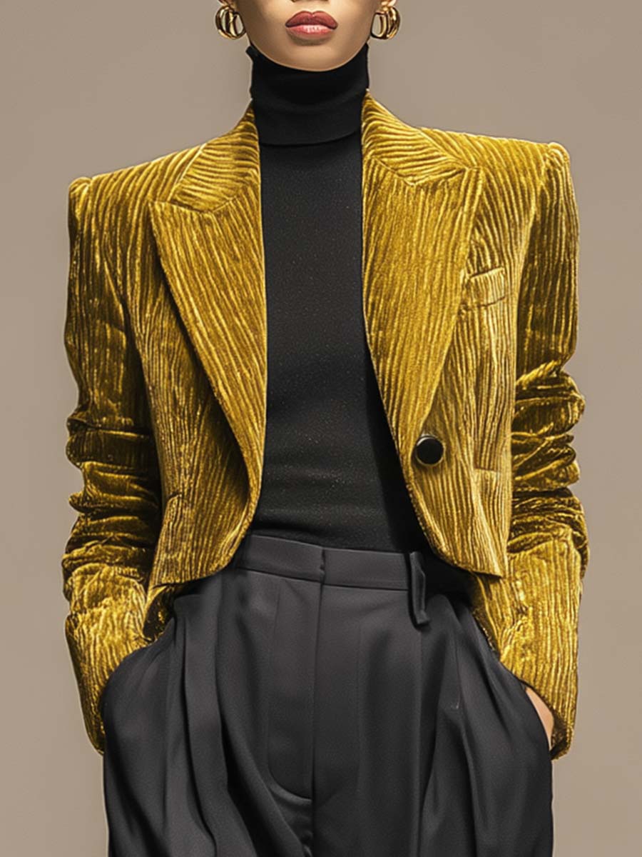 Temperament And Fashion Peaked Lapel One Button X-shaped Short Gold Texture Velvet Blazer