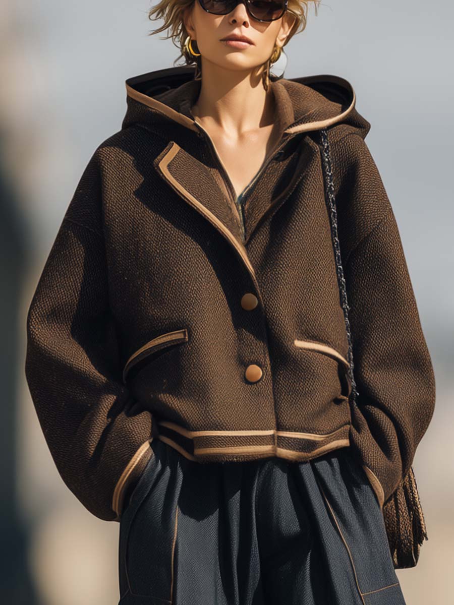 Retro Fashion Street Beige Trim Brown Woolen Loose Short Jacket