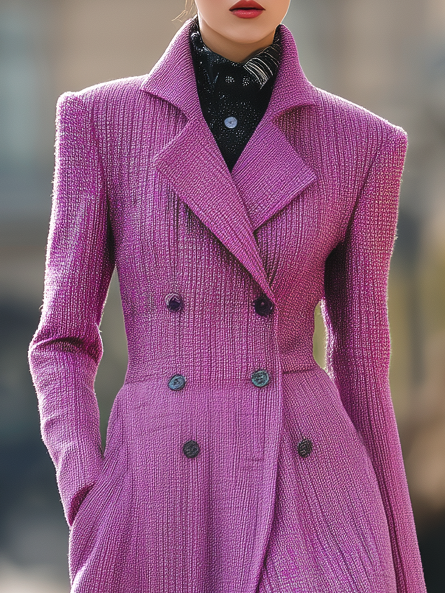 Elegant Vintage Double-breasted Tweed Long Coat