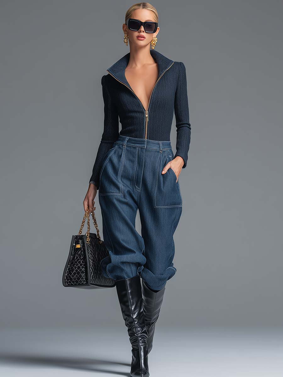 Oakly Fashion™ | Dark Blue Lapel Top
