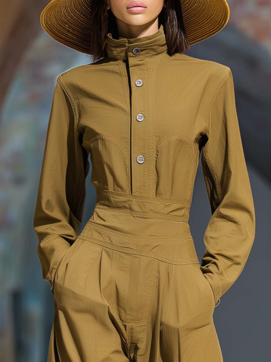 Retro Temperament Half Turtleneck Front Button Khaki Ultra-wide Leg Jumpsuit