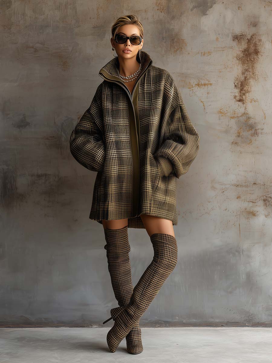 Retro Versatile Loose Lapel Front Zipper Leather Trim Olive Green Plaid Wool Coat