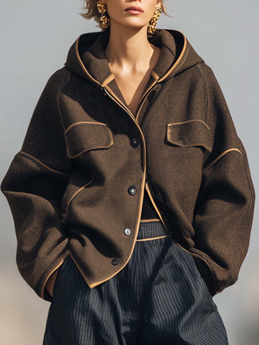 Retro Street Hooded Beige Trim Brown Woolen Loose Jacket