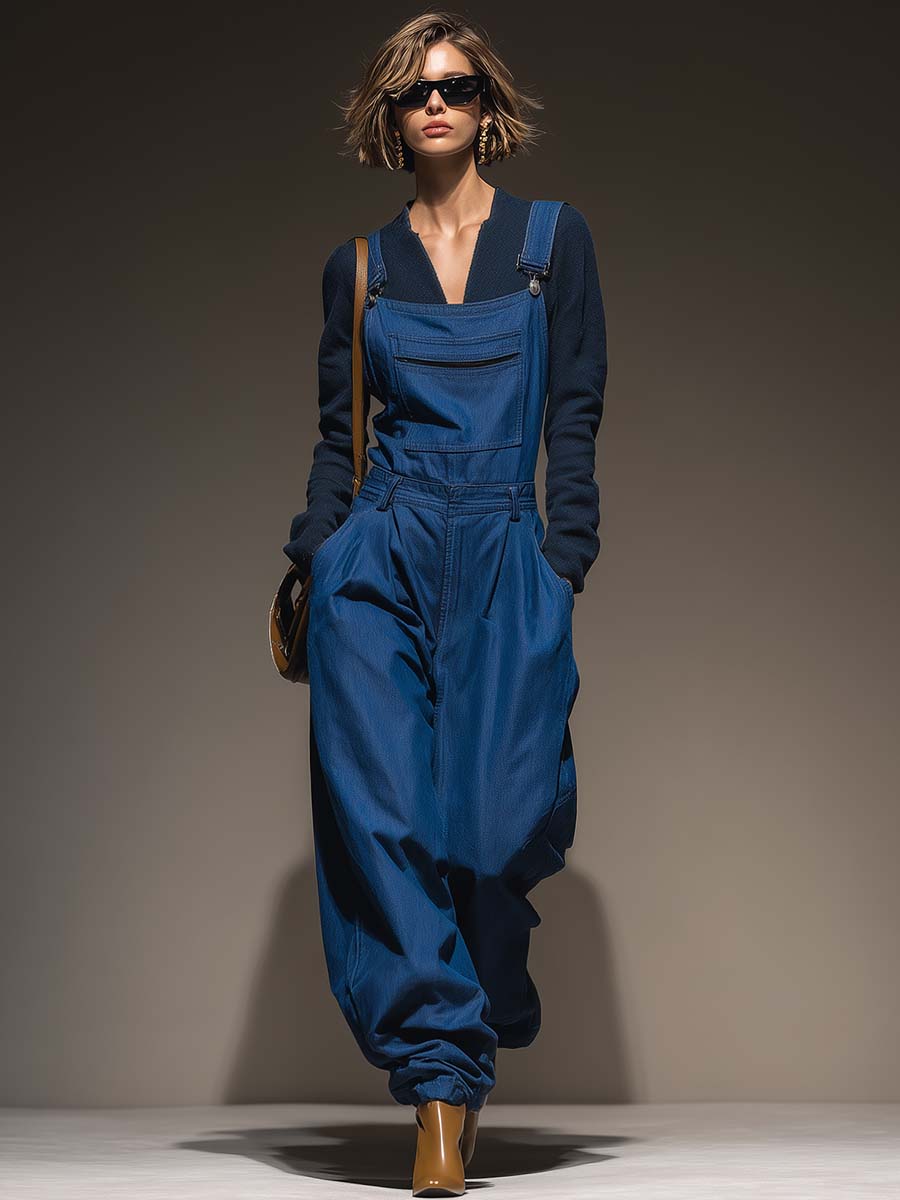 Versatile And Casual High-quality Blue Denim Pocket Jumpsuit Overalls