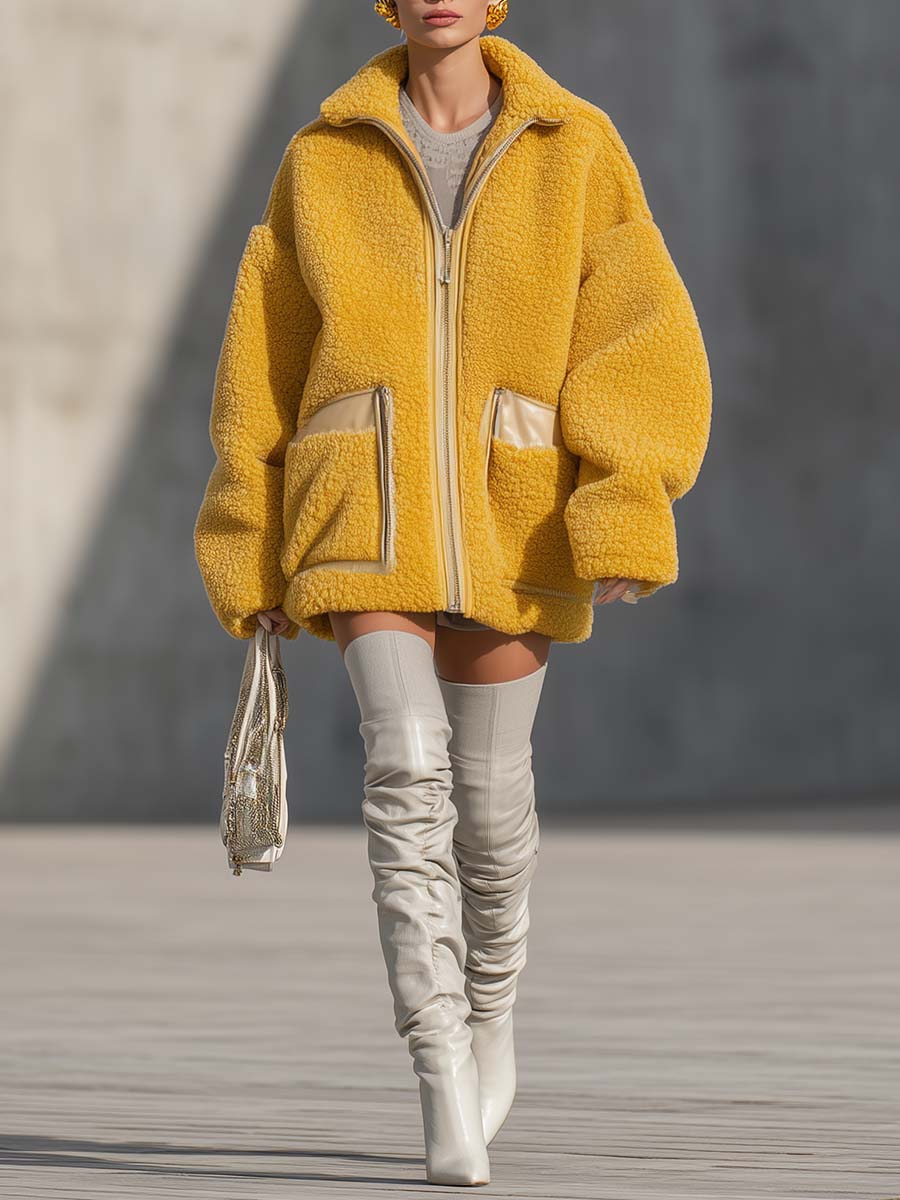 Urban Fashion Street Style Lapel Front Zipper Leather Pocket Goose Yellow Polar Fleece Coat