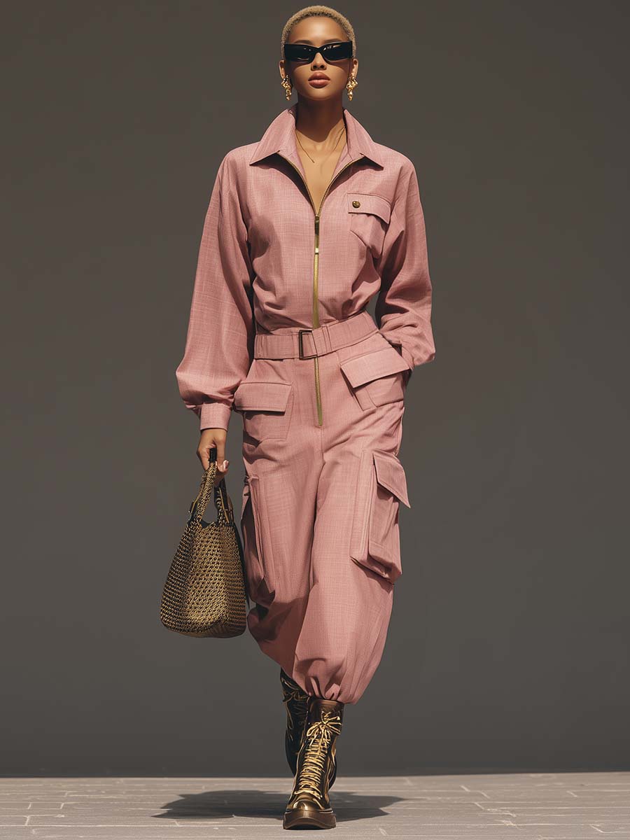 Exquisite Casual Fashion Lapel Front Zipper Work Pocket Pink Loose Jumpsuit