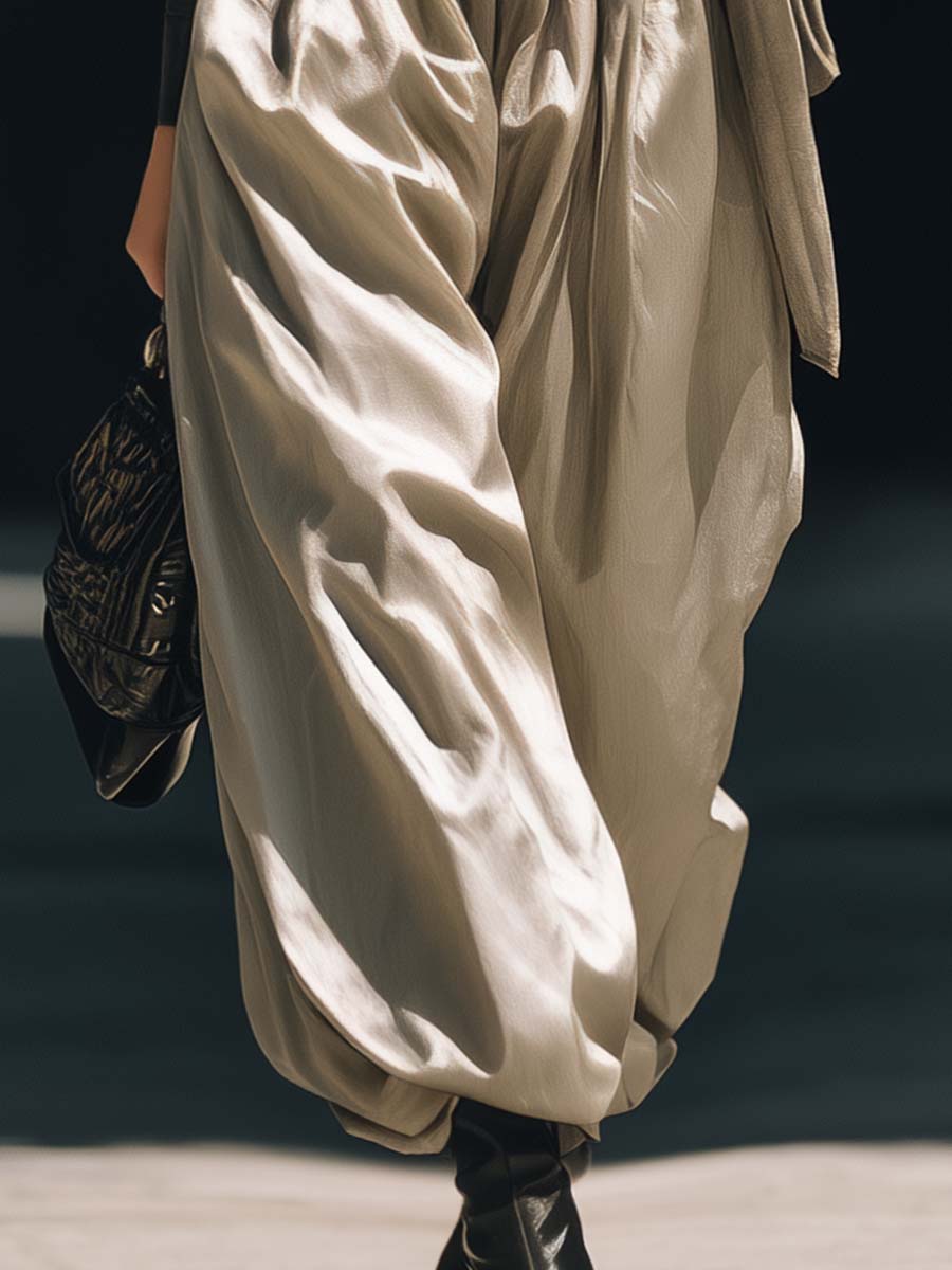 Casual Fashion Street Waist Tie Moonlight White Super Loose Pants