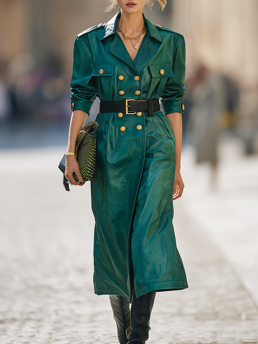 Vintage Elegant Double-Breasted Faux Leather Long Coat