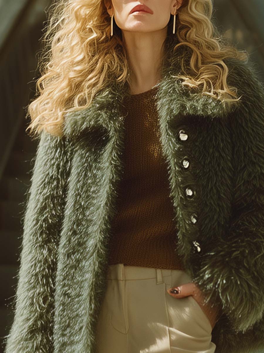 Retro Fashion Lapel Front Button Pea Green Faux Fur Jacket Coat