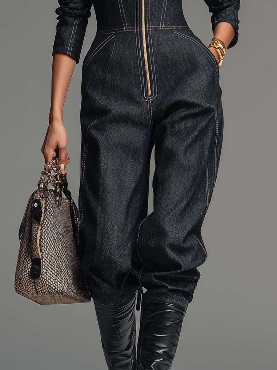 Handsome Urban Pointed Lapel Front Zipper Black Denim Jumpsuit