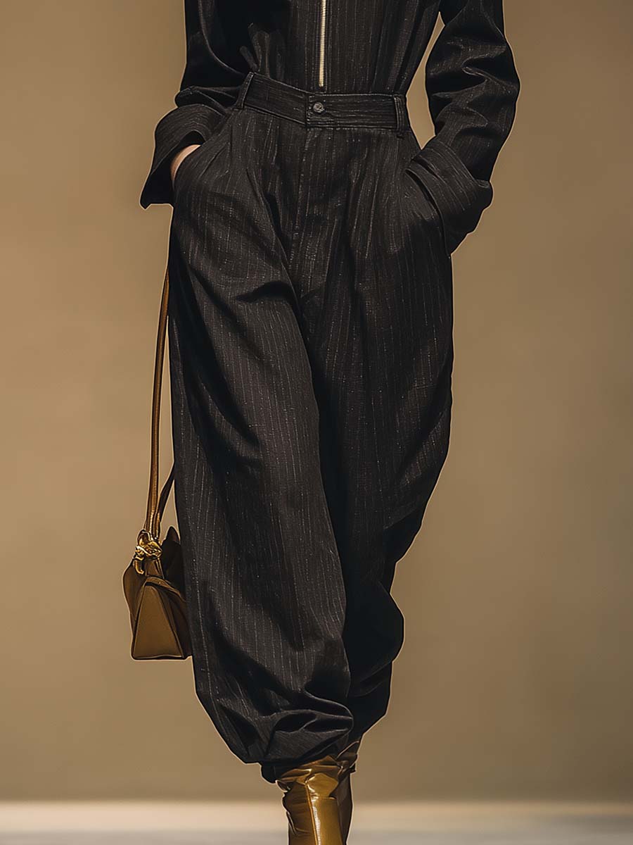 Handsome And Fashionable Urban Wide Shoulder Lapel Front Zipper Black Striped Jumpsuit